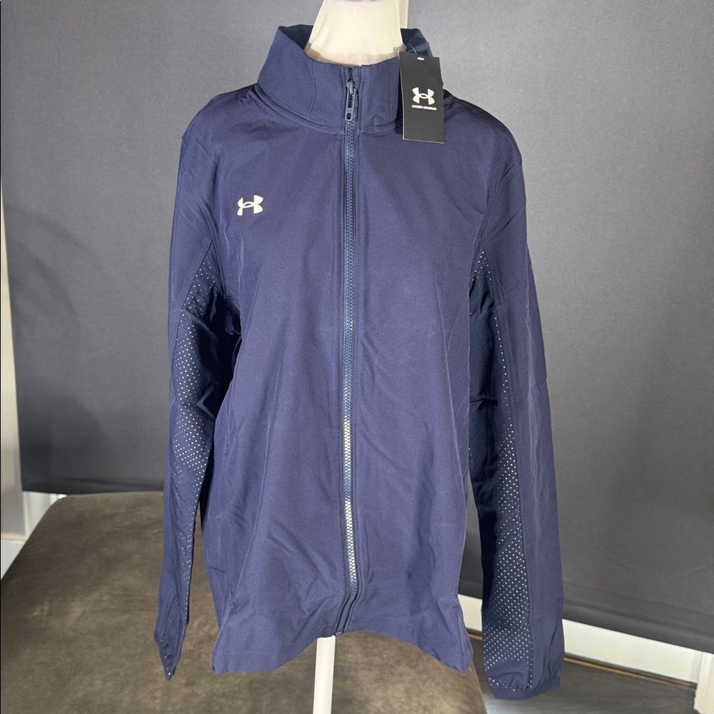 Women’s Under Armour Blue Hooded Warm Up Jacket Loose Fit Full Zip Size L NWT